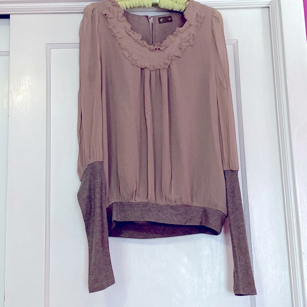 Anthropologie Fei XL Lilac blouse keyhole back pleating ribbed wrists & waist